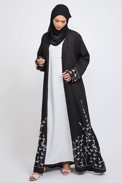 Abaya Ouverte Dahlia – Broderie Premium Noir