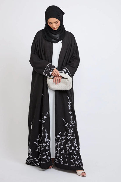 Abaya Ouverte Dahlia – Broderie Premium Noir