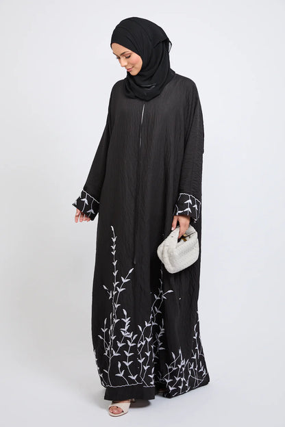 Abaya Ouverte Dahlia – Broderie Premium Noir
