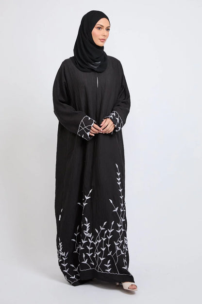 Abaya Ouverte Dahlia – Broderie Premium Noir