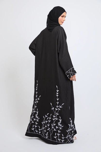Abaya Ouverte Dahlia – Broderie Premium Noir