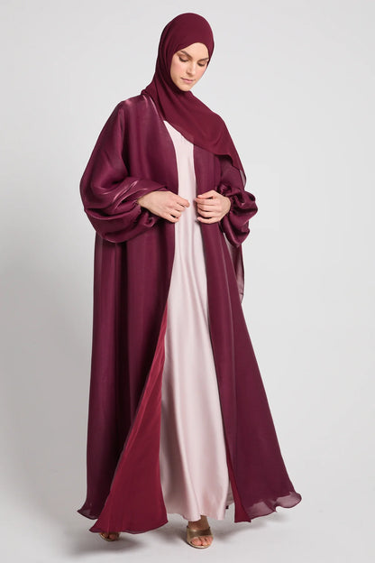 Abaya Ouverte en Organza Luxe Moonlight – Rose Bourgogne