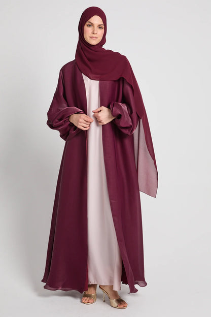 Abaya Ouverte en Organza Luxe Moonlight – Rose Bourgogne