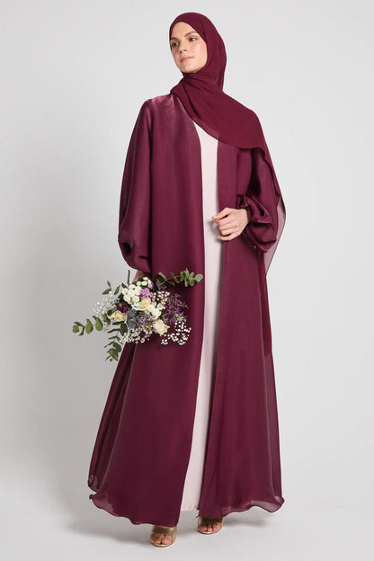 Abaya Ouverte en Organza Luxe Moonlight – Rose Bourgogne