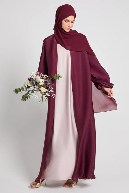 Abaya Ouverte en Organza Luxe Moonlight – Rose Bourgogne