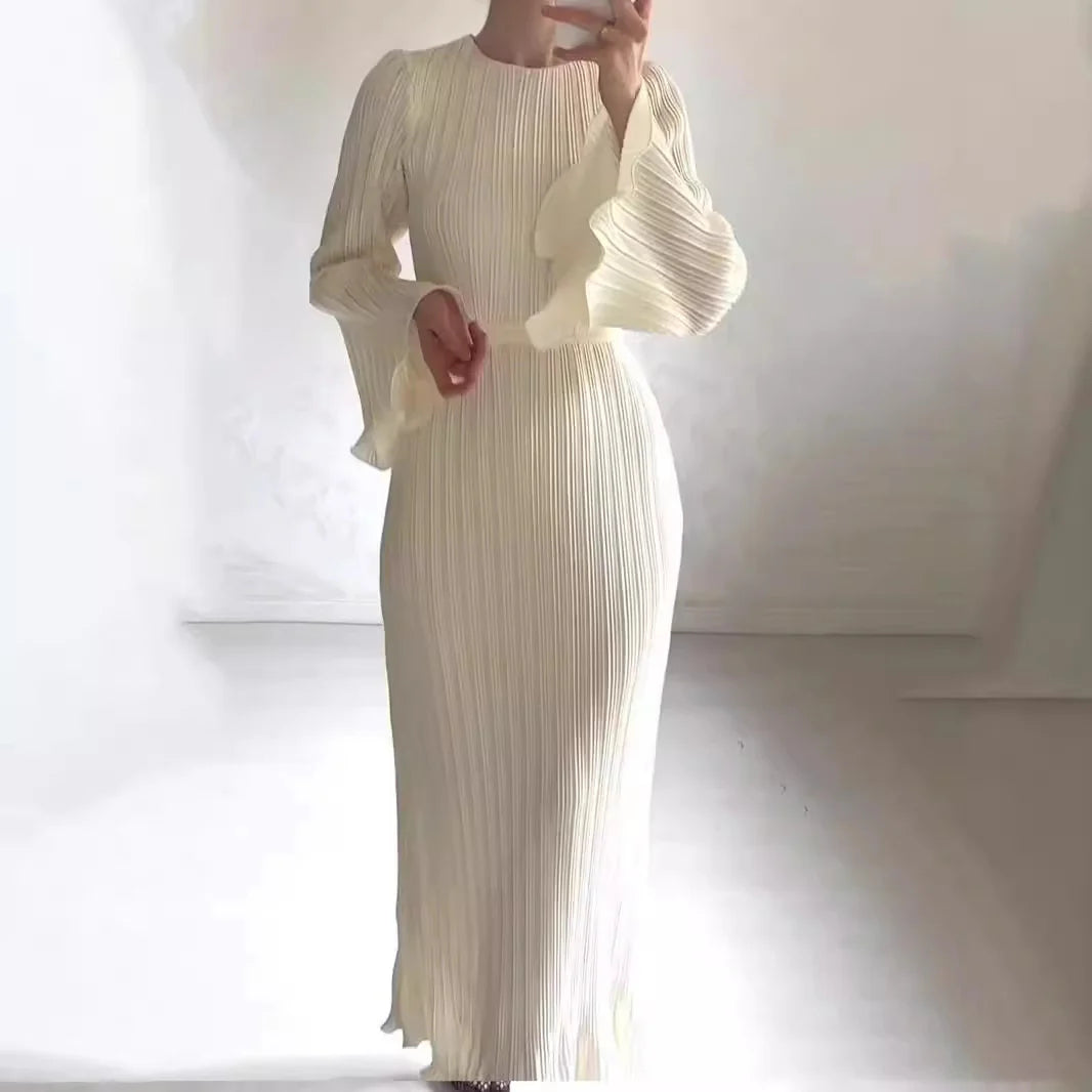 Robe d'automne élégante à manches cloche plissées pour femme